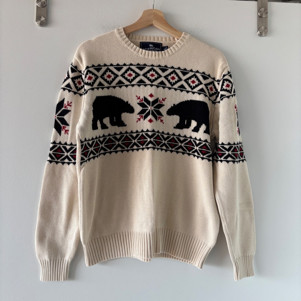 Vintage American Living Cream Polar Bear Fair Isle Cotton Crew Neck Sweater M